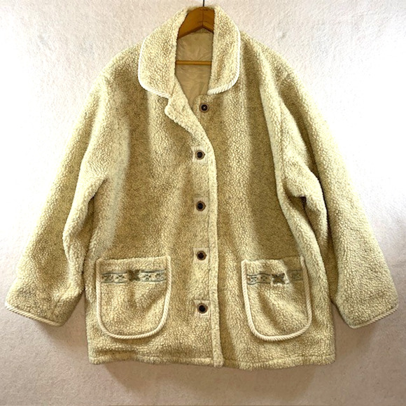 Vintage Haband Women Oversized Sherpa Button Jacket Sz XL Cottage Folk Rustic - Picture 1 of 13